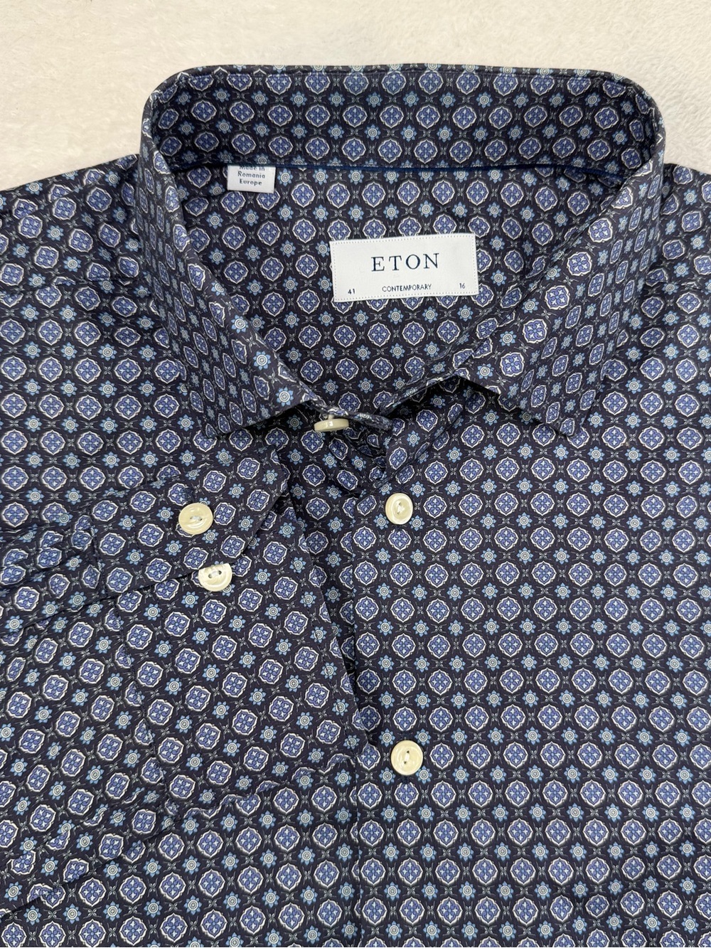 Eton Contemporary Fit Twill Dress Shirt Navy Blue Geometric Cotton 16 41